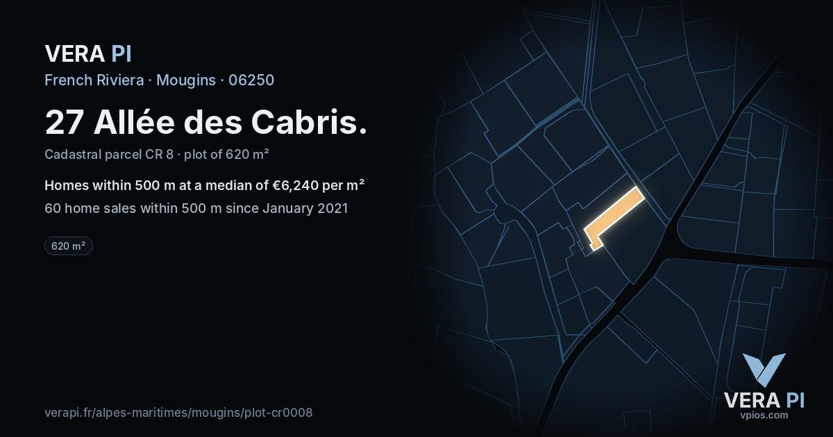 27 Allée des Cabris, Mougins at night – the plot lit, the parcels around coloured by the prices near them