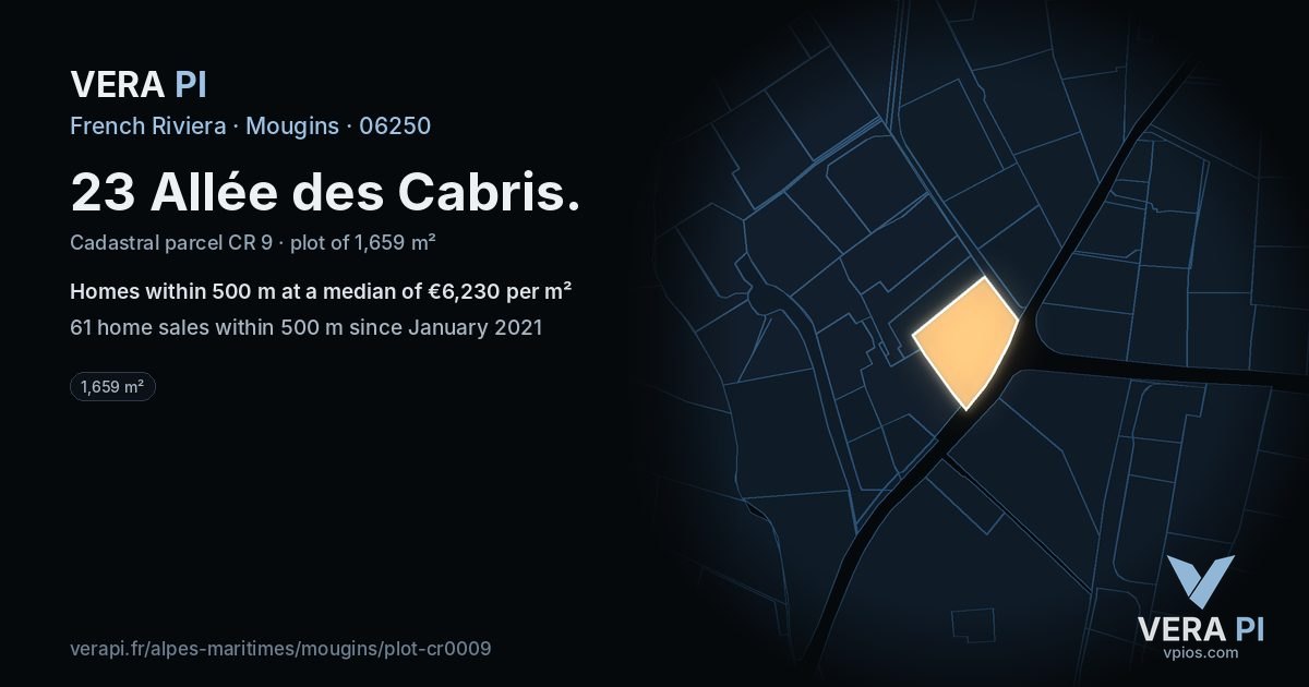 23 Allée des Cabris, Mougins at night – the plot lit, the parcels around coloured by the prices near them