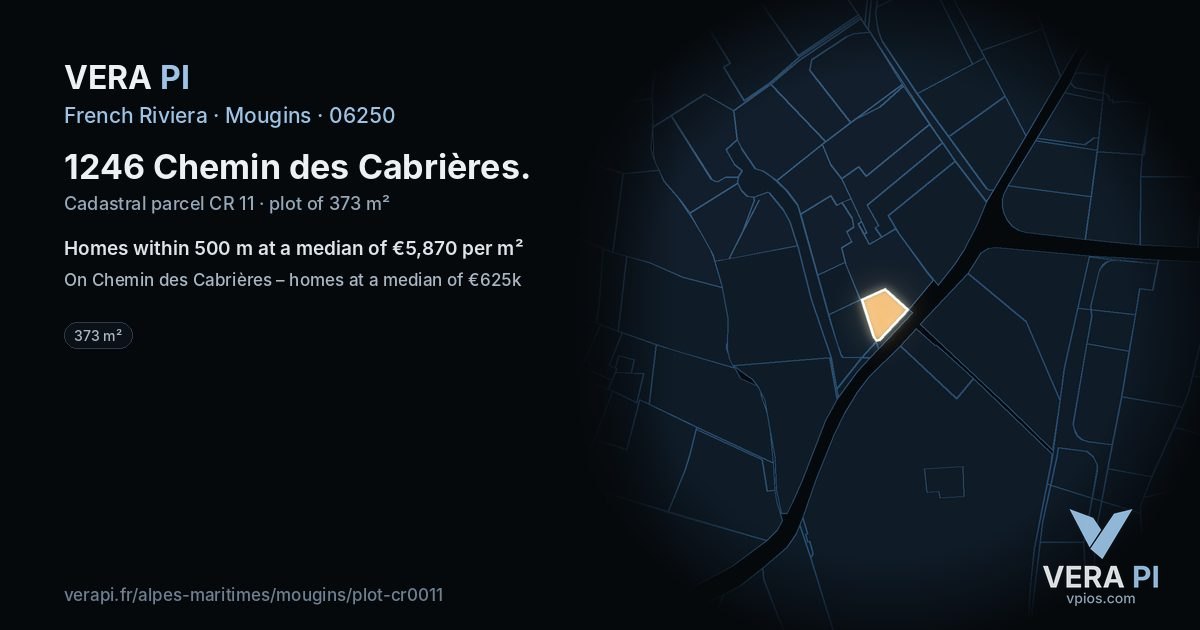1246 Chemin des Cabrières, Mougins at night – the plot lit, the parcels around coloured by the prices near them