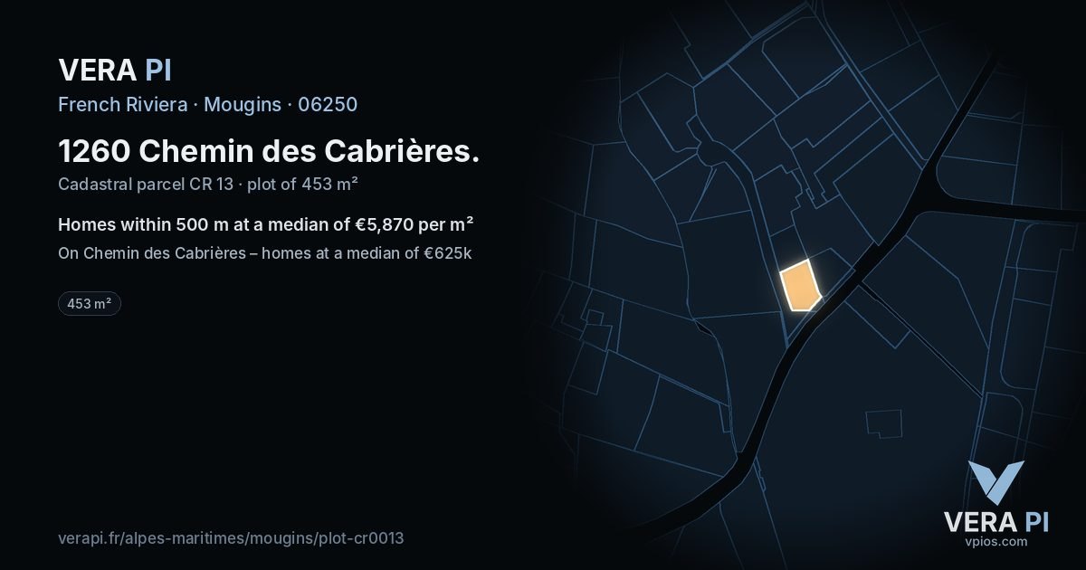 1260 Chemin des Cabrières, Mougins at night – the plot lit, the parcels around coloured by the prices near them