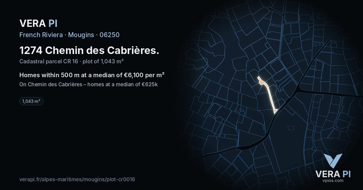 1274 Chemin des Cabrières, Mougins at night – the plot lit, the parcels around coloured by the prices near them