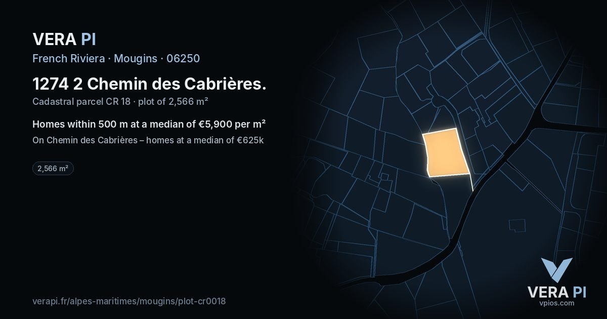 1274 2 Chemin des Cabrières, Mougins at night – the plot lit, the parcels around coloured by the prices near them