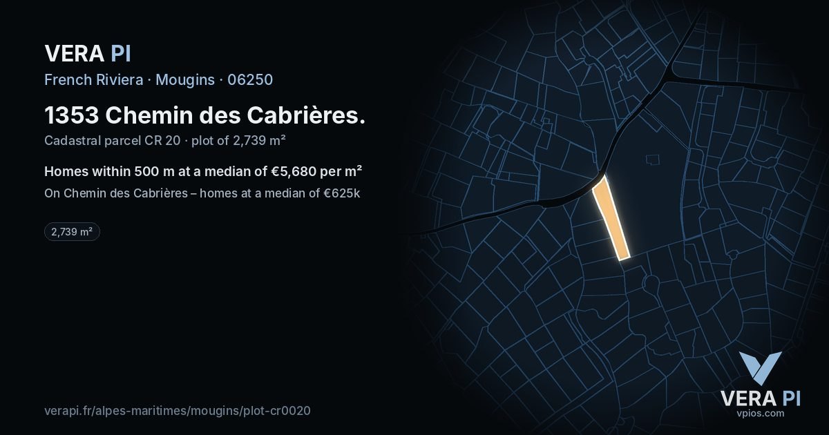 1353 Chemin des Cabrières, Mougins at night – the plot lit, the parcels around coloured by the prices near them