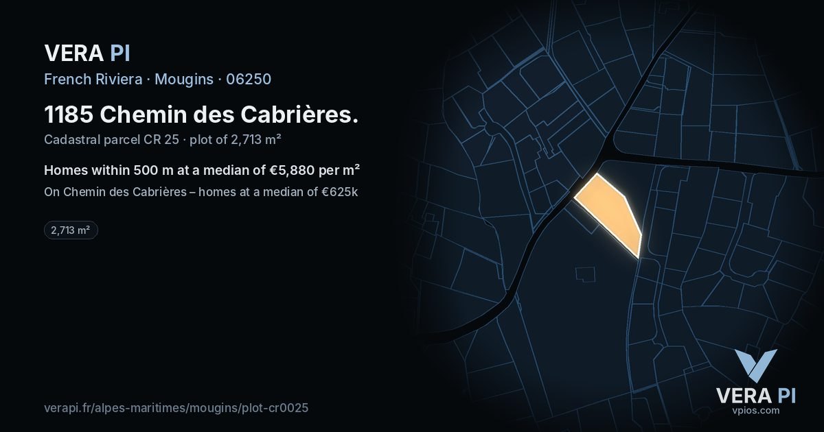1185 Chemin des Cabrières, Mougins at night – the plot lit, the parcels around coloured by the prices near them