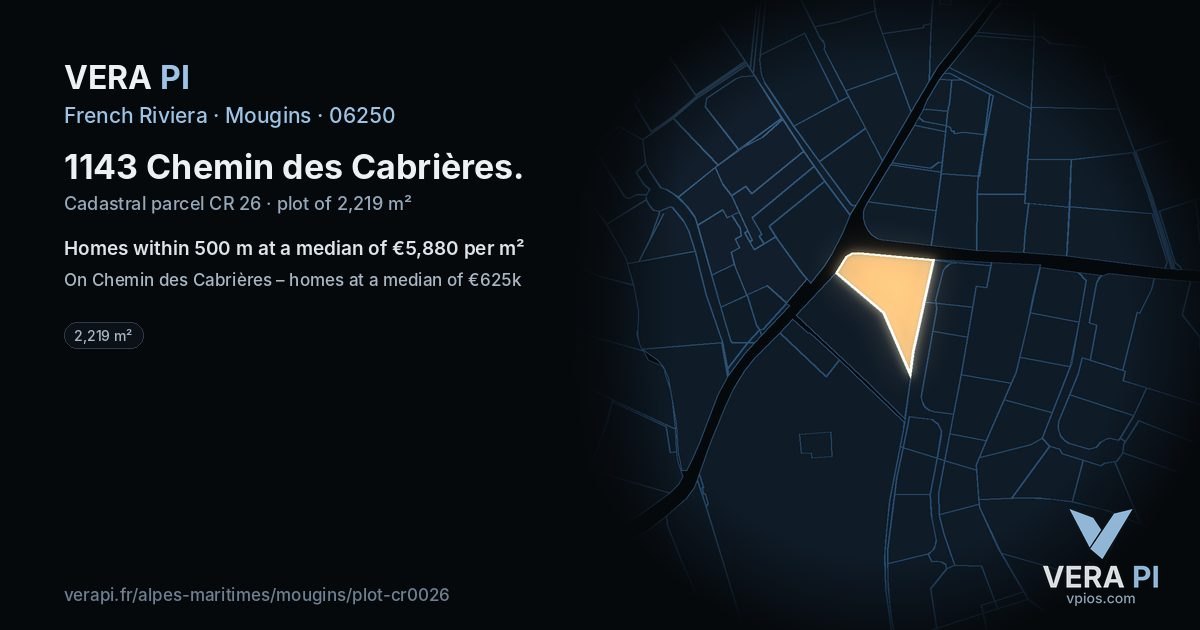 1143 Chemin des Cabrières, Mougins at night – the plot lit, the parcels around coloured by the prices near them