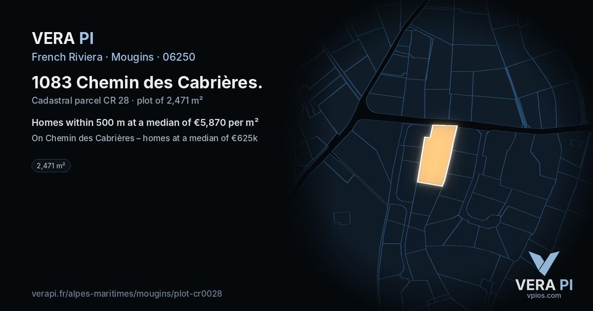 1083 Chemin des Cabrières, Mougins at night – the plot lit, the parcels around coloured by the prices near them