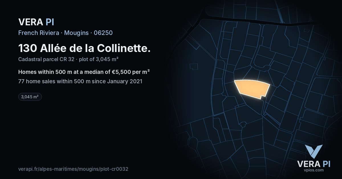 130 Allée de la Collinette, Mougins at night – the plot lit, the parcels around coloured by the prices near them