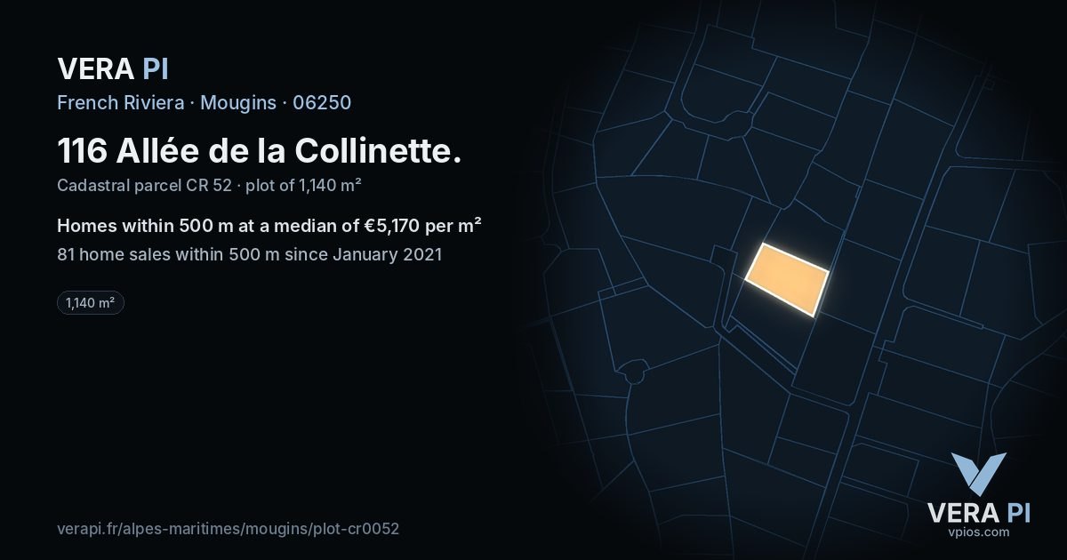 116 Allée de la Collinette, Mougins at night – the plot lit, the parcels around coloured by the prices near them