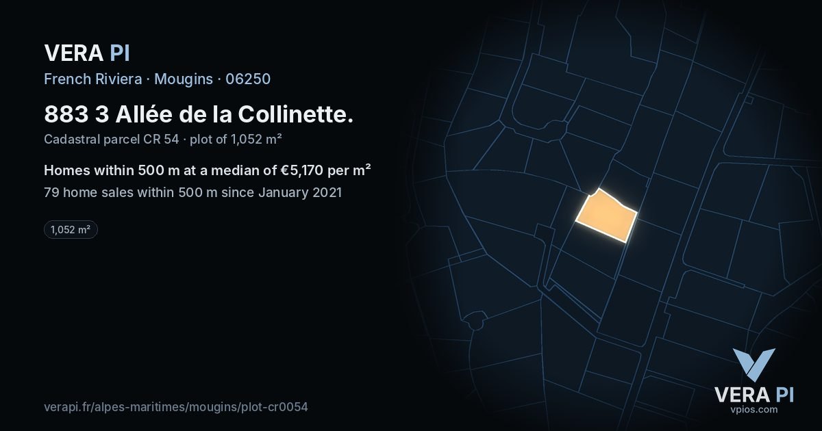 883 3 Allée de la Collinette, Mougins at night – the plot lit, the parcels around coloured by the prices near them