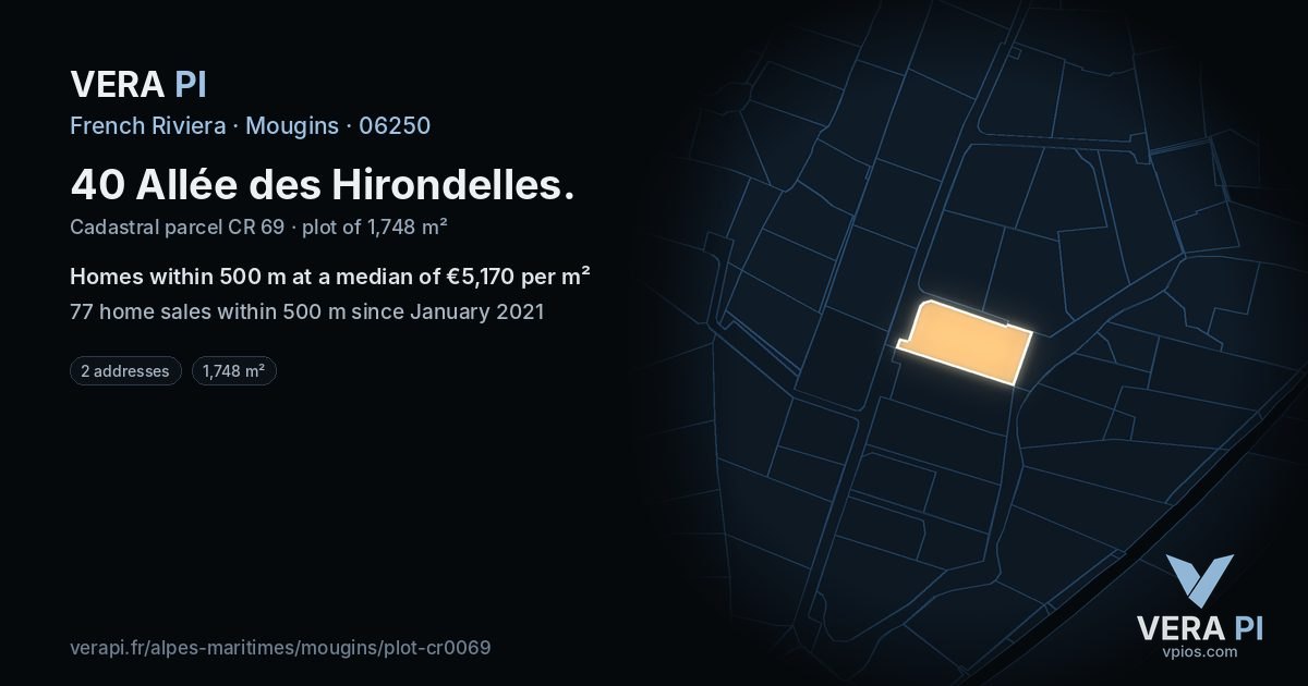 40 Allée des Hirondelles, Mougins at night – the plot lit, the parcels around coloured by the prices near them