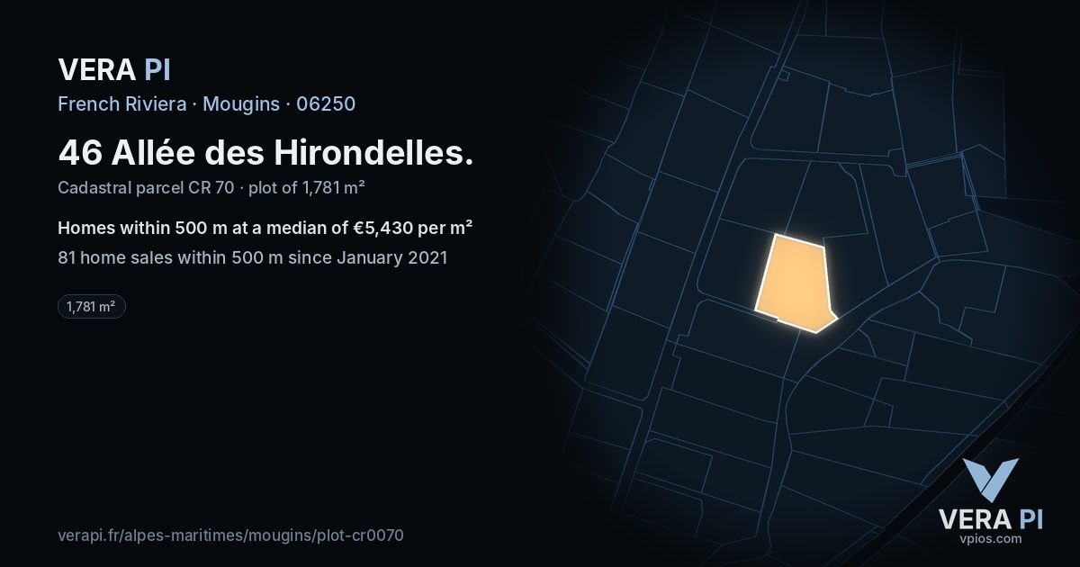 46 Allée des Hirondelles, Mougins at night – the plot lit, the parcels around coloured by the prices near them