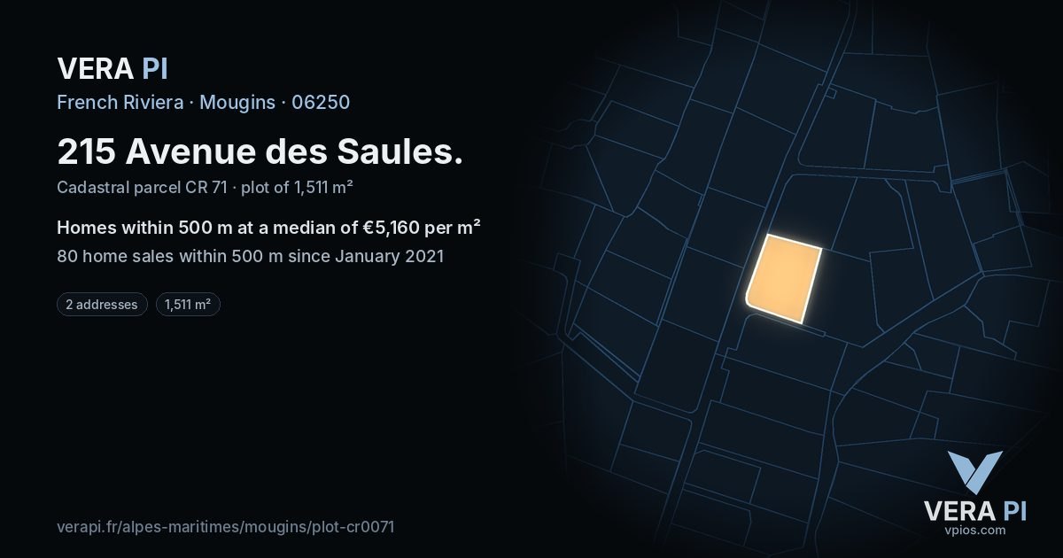 215 Avenue des Saules, Mougins at night – the plot lit, the parcels around coloured by the prices near them