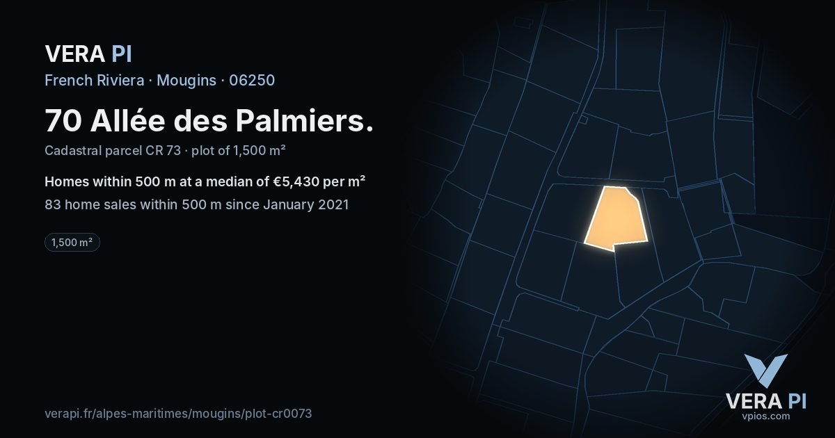 70 Allée des Palmiers, Mougins at night – the plot lit, the parcels around coloured by the prices near them