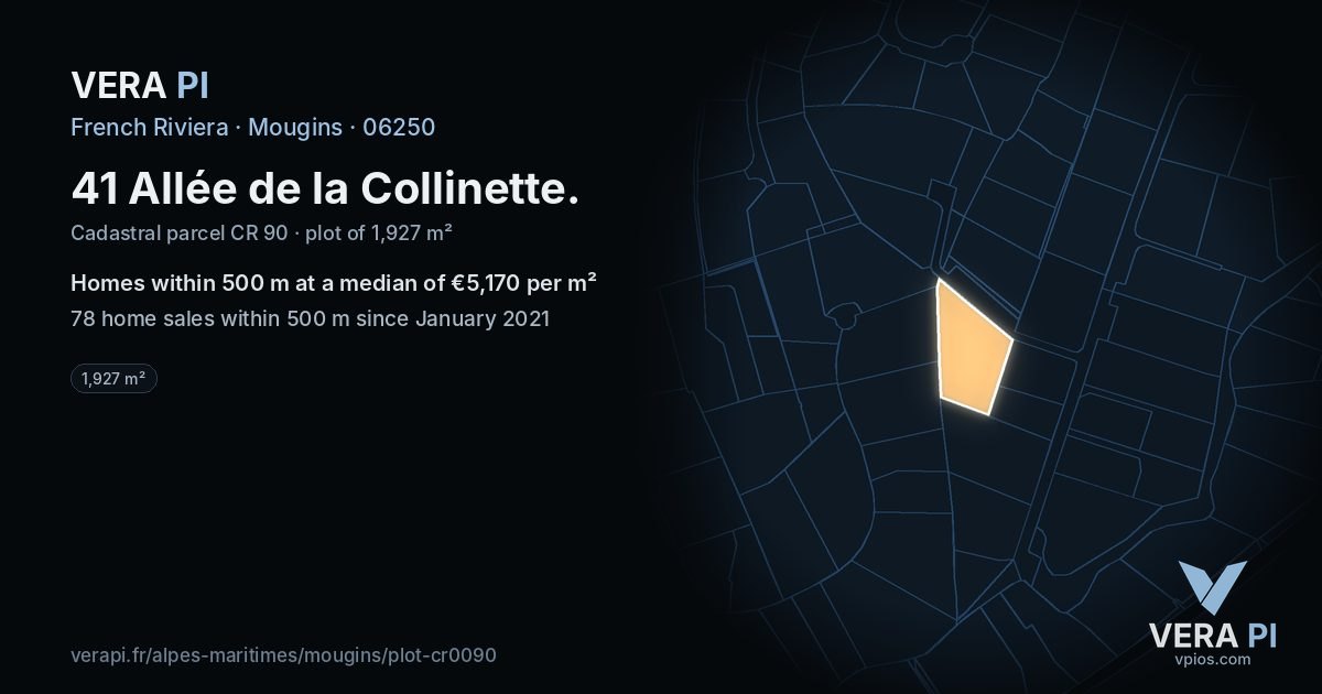 41 Allée de la Collinette, Mougins at night – the plot lit, the parcels around coloured by the prices near them