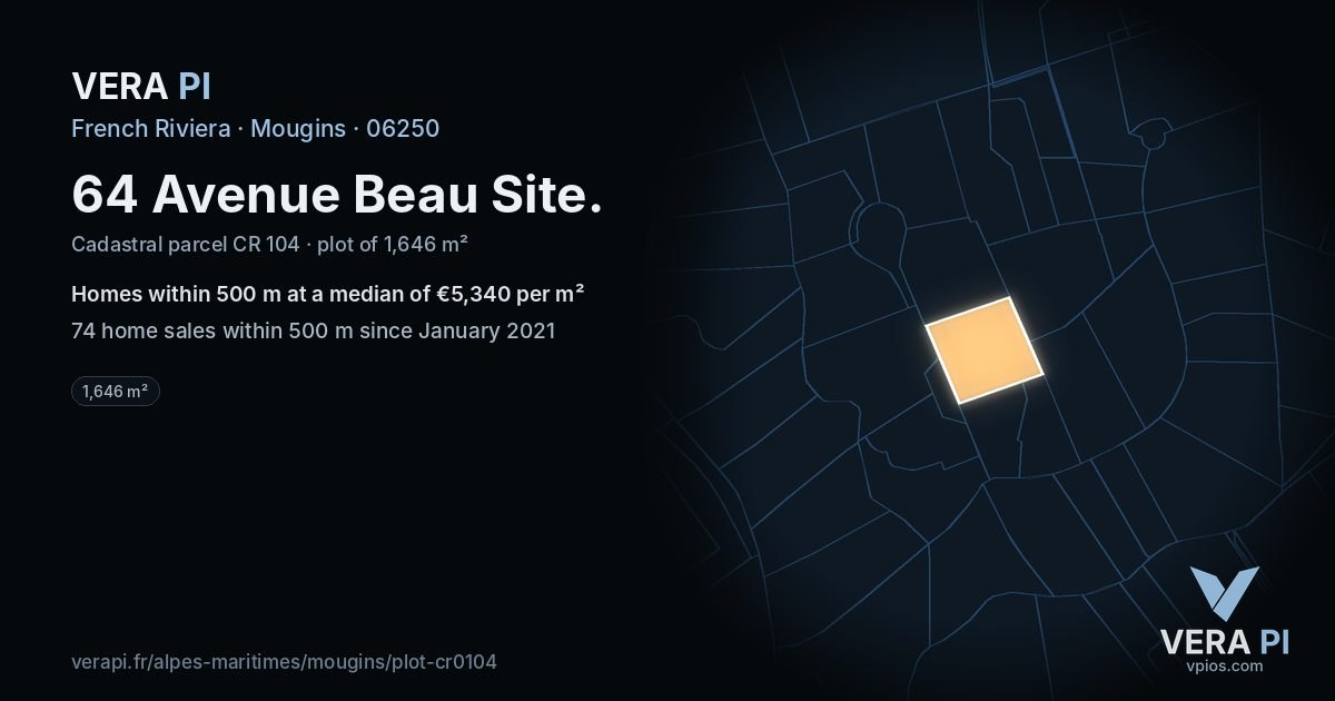 64 Avenue Beau Site, Mougins at night – the plot lit, the parcels around coloured by the prices near them