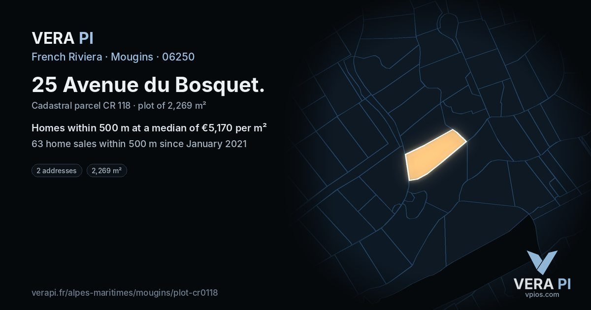 25 Avenue du Bosquet, Mougins at night – the plot lit, the parcels around coloured by the prices near them
