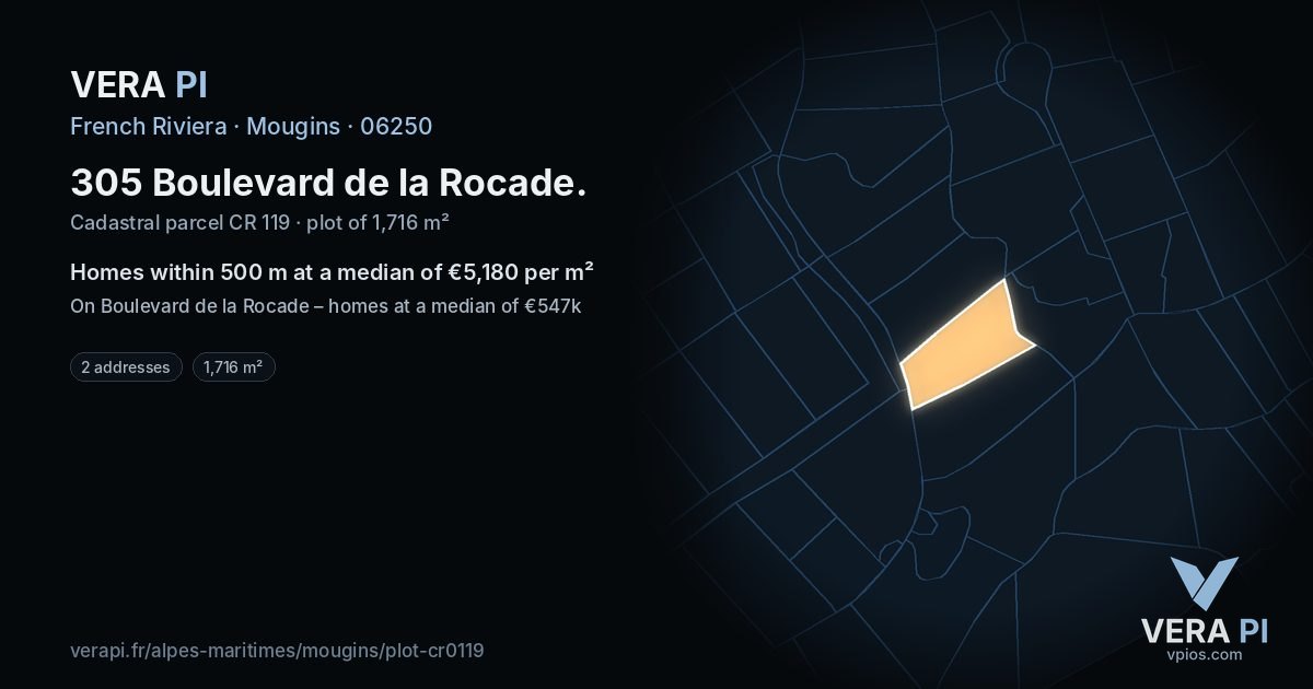 305 Boulevard de la Rocade, Mougins at night – the plot lit, the parcels around coloured by the prices near them