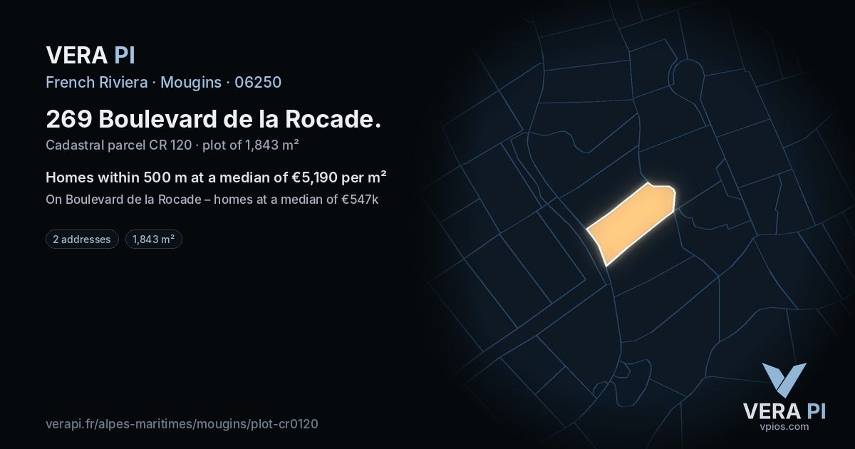 269 Boulevard de la Rocade, Mougins at night – the plot lit, the parcels around coloured by the prices near them