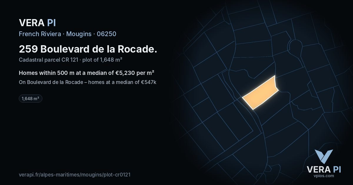 259 Boulevard de la Rocade, Mougins at night – the plot lit, the parcels around coloured by the prices near them
