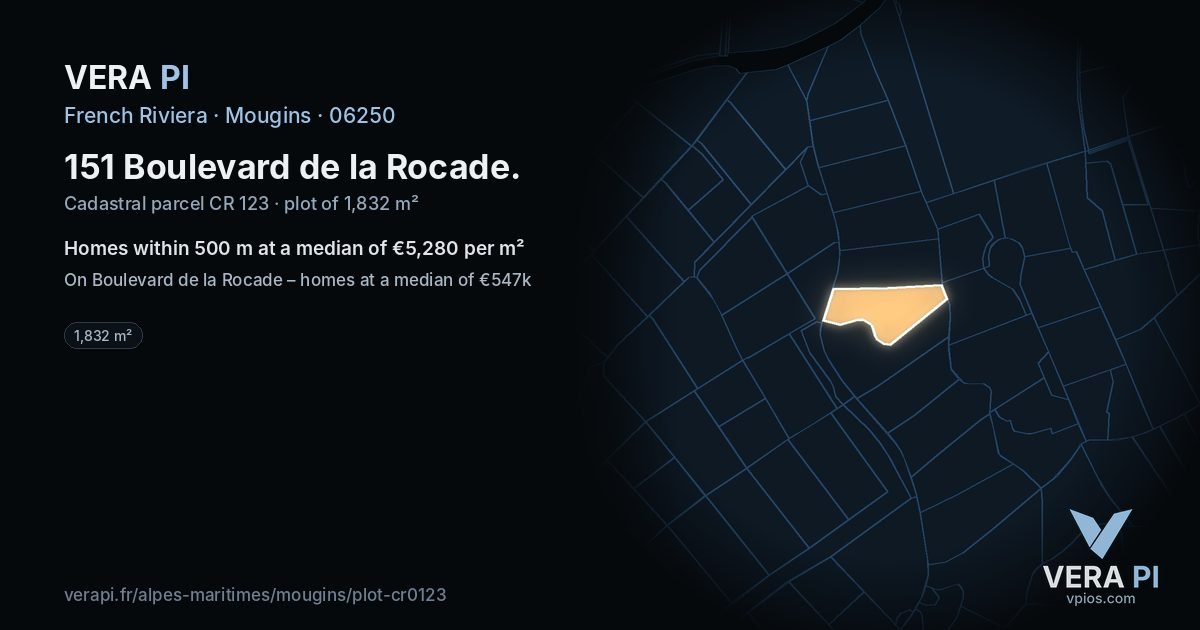 151 Boulevard de la Rocade, Mougins at night – the plot lit, the parcels around coloured by the prices near them