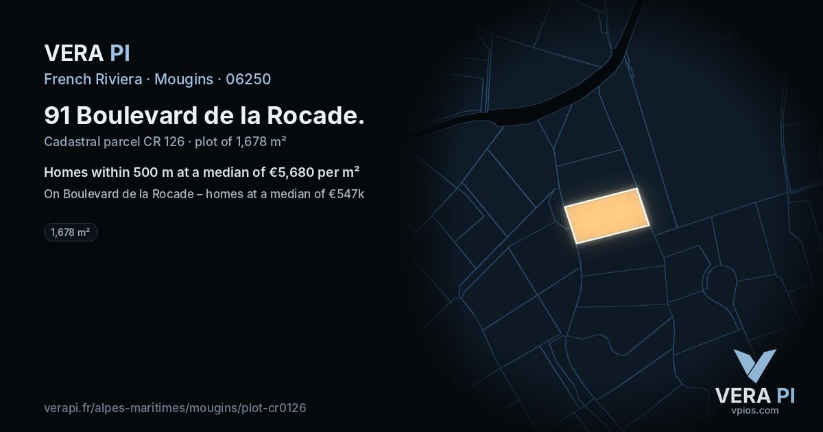 91 Boulevard de la Rocade, Mougins at night – the plot lit, the parcels around coloured by the prices near them