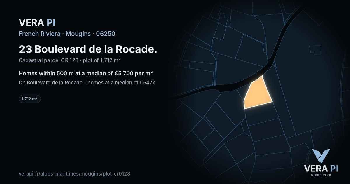23 Boulevard de la Rocade, Mougins at night – the plot lit, the parcels around coloured by the prices near them