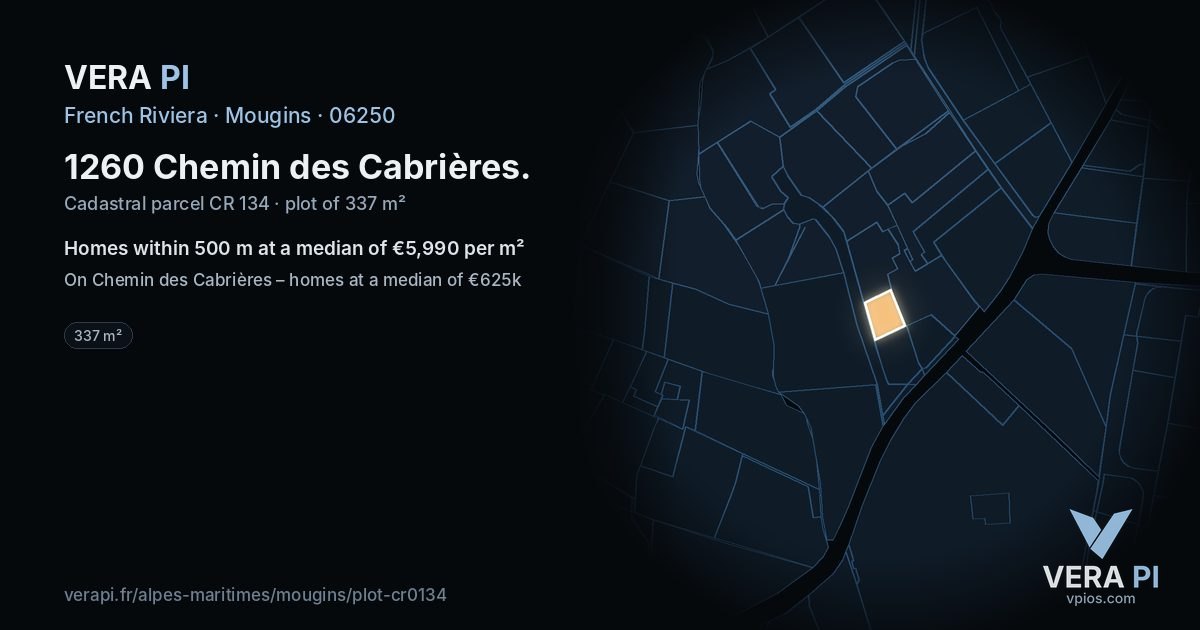 1260 Chemin des Cabrières, Mougins at night – the plot lit, the parcels around coloured by the prices near them