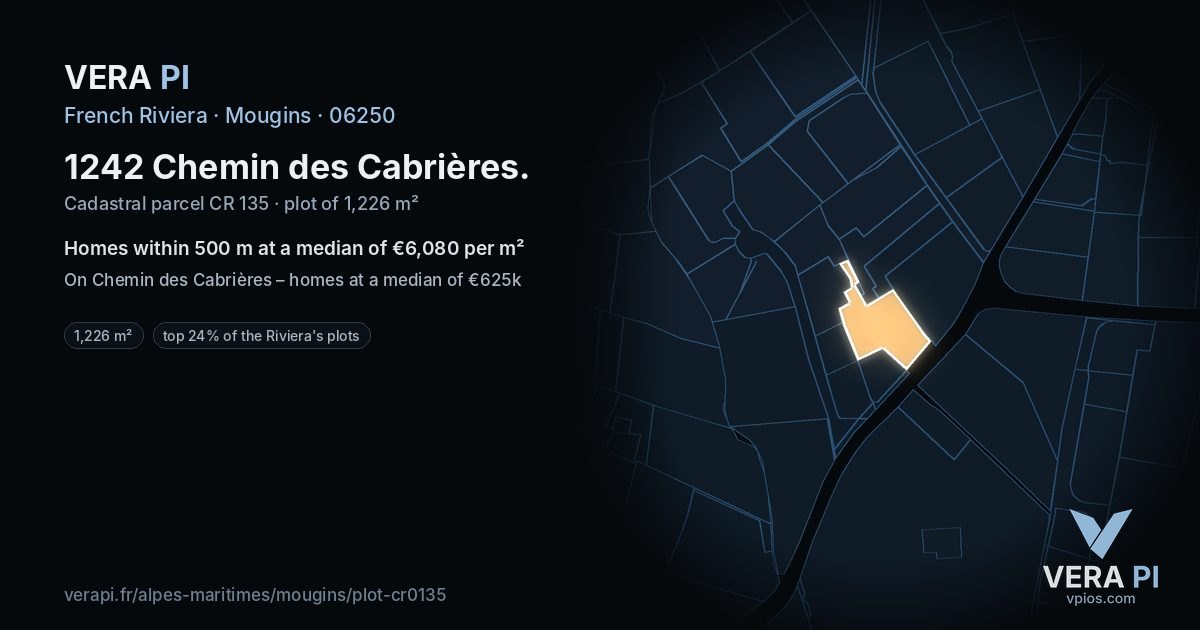 1242 Chemin des Cabrières, Mougins at night – the plot lit, the parcels around coloured by the prices near them