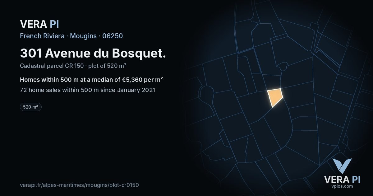 301 Avenue du Bosquet, Mougins at night – the plot lit, the parcels around coloured by the prices near them