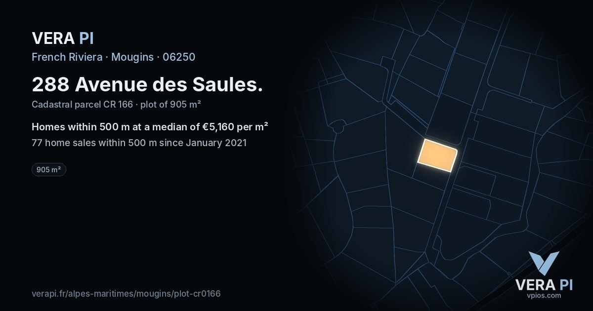 288 Avenue des Saules, Mougins at night – the plot lit, the parcels around coloured by the prices near them