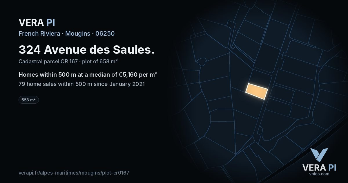 324 Avenue des Saules, Mougins at night – the plot lit, the parcels around coloured by the prices near them
