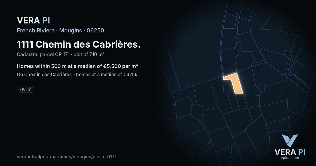 1111 Chemin des Cabrières, Mougins at night – the plot lit, the parcels around coloured by the prices near them