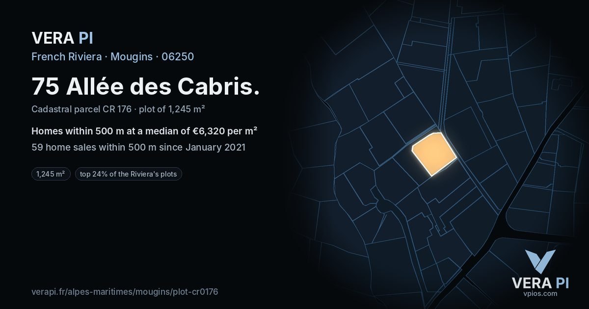 75 Allée des Cabris, Mougins at night – the plot lit, the parcels around coloured by the prices near them