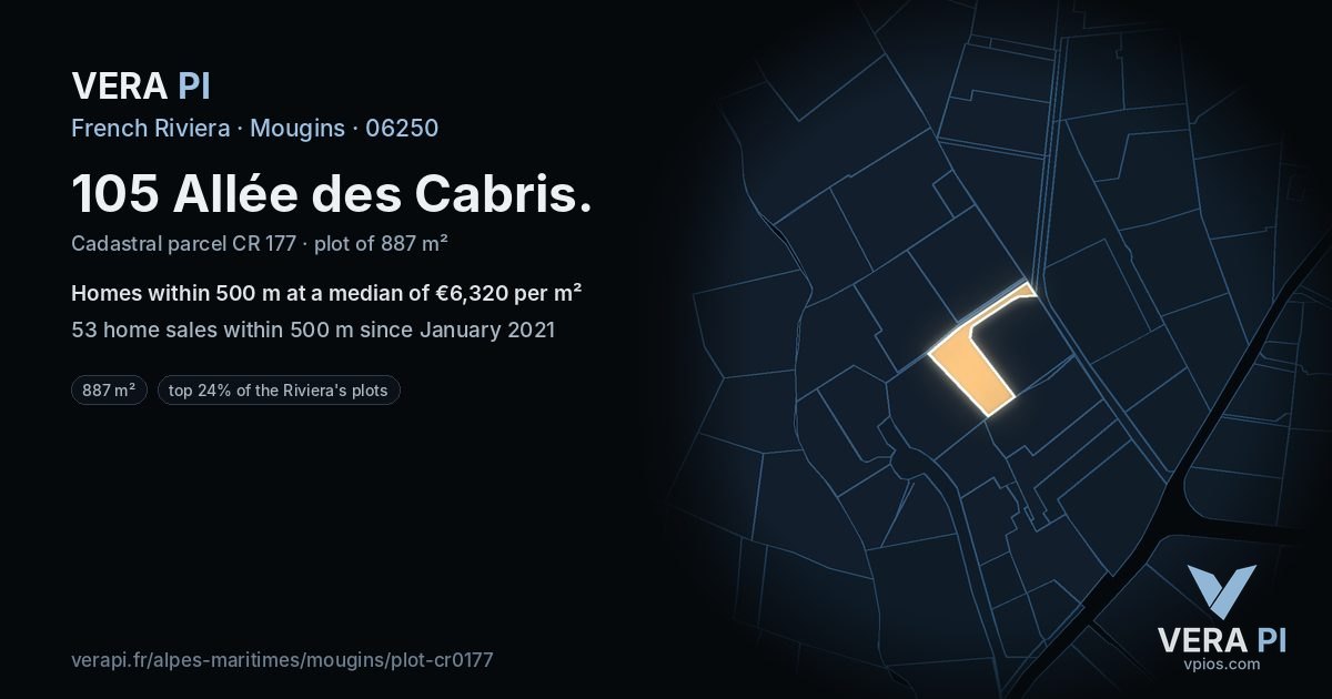 105 Allée des Cabris, Mougins at night – the plot lit, the parcels around coloured by the prices near them