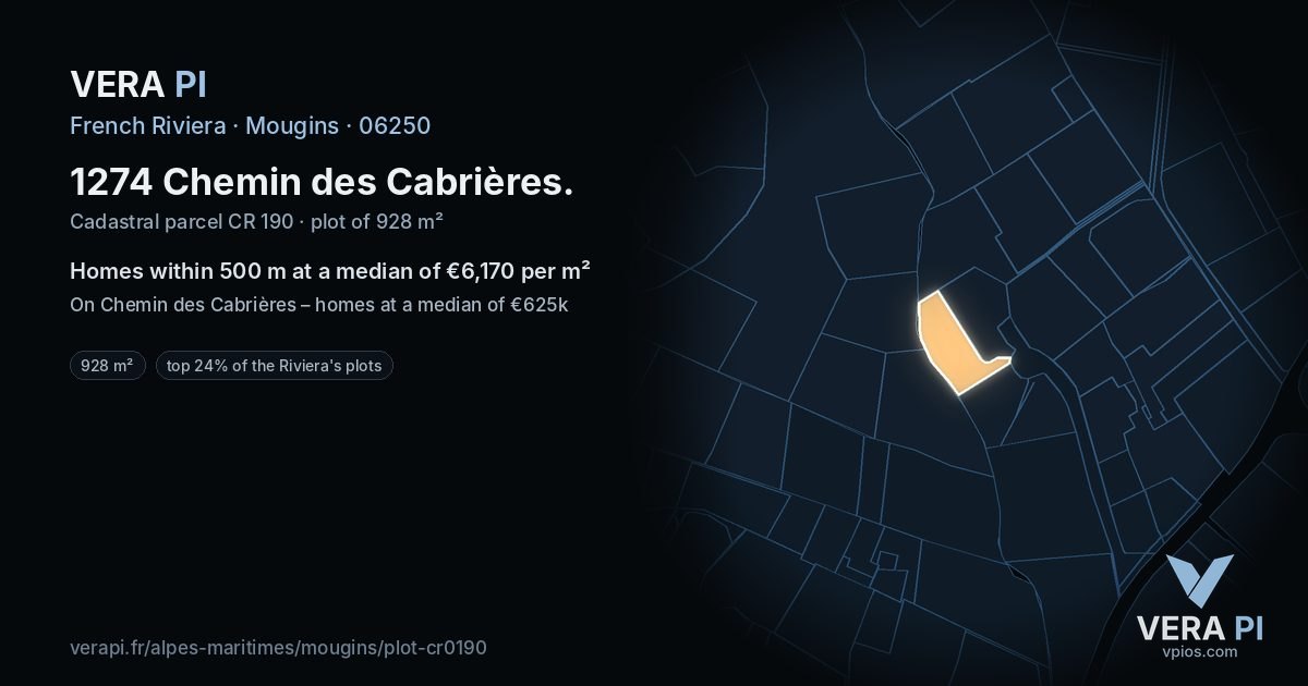 1274 Chemin des Cabrières, Mougins at night – the plot lit, the parcels around coloured by the prices near them
