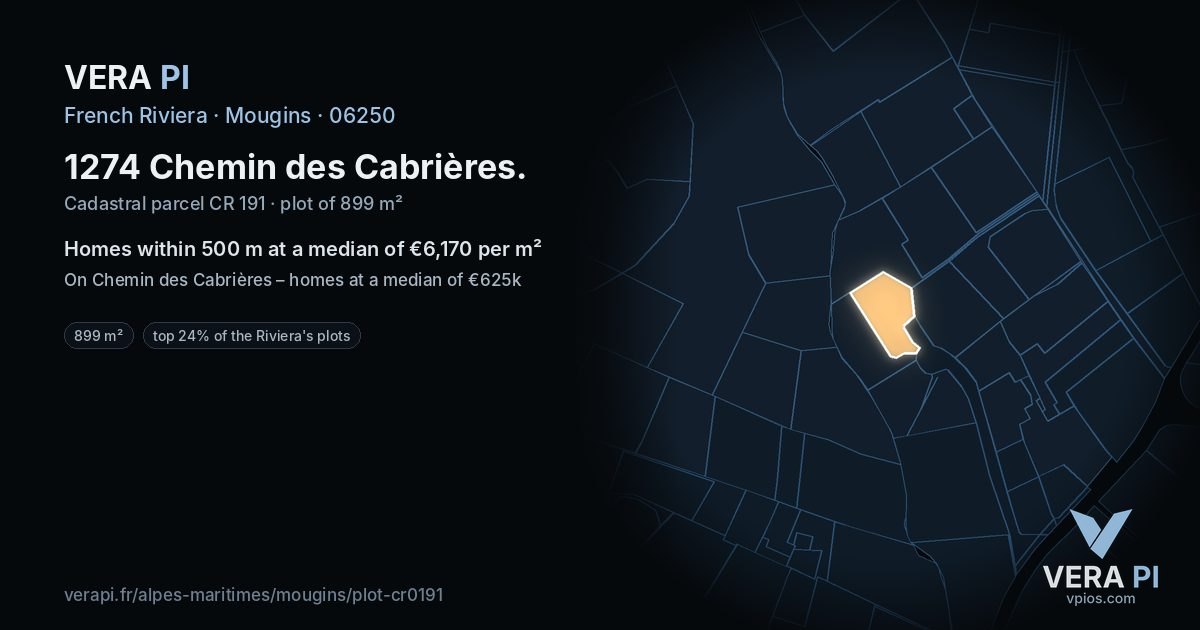 1274 Chemin des Cabrières, Mougins at night – the plot lit, the parcels around coloured by the prices near them