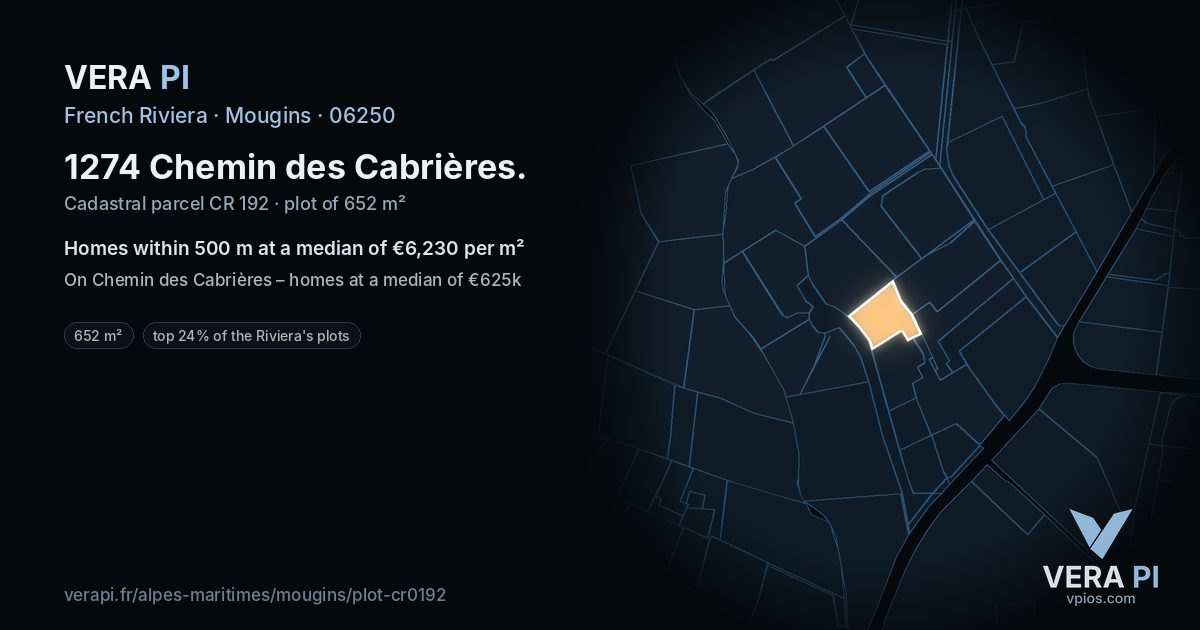 1274 Chemin des Cabrières, Mougins at night – the plot lit, the parcels around coloured by the prices near them
