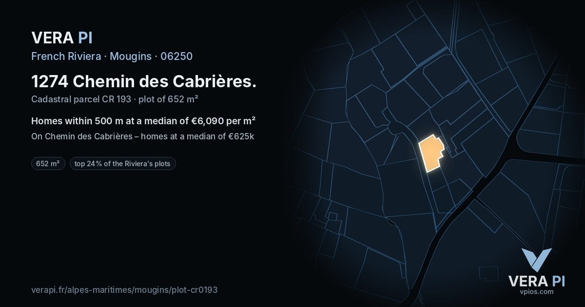 1274 Chemin des Cabrières, Mougins at night – the plot lit, the parcels around coloured by the prices near them
