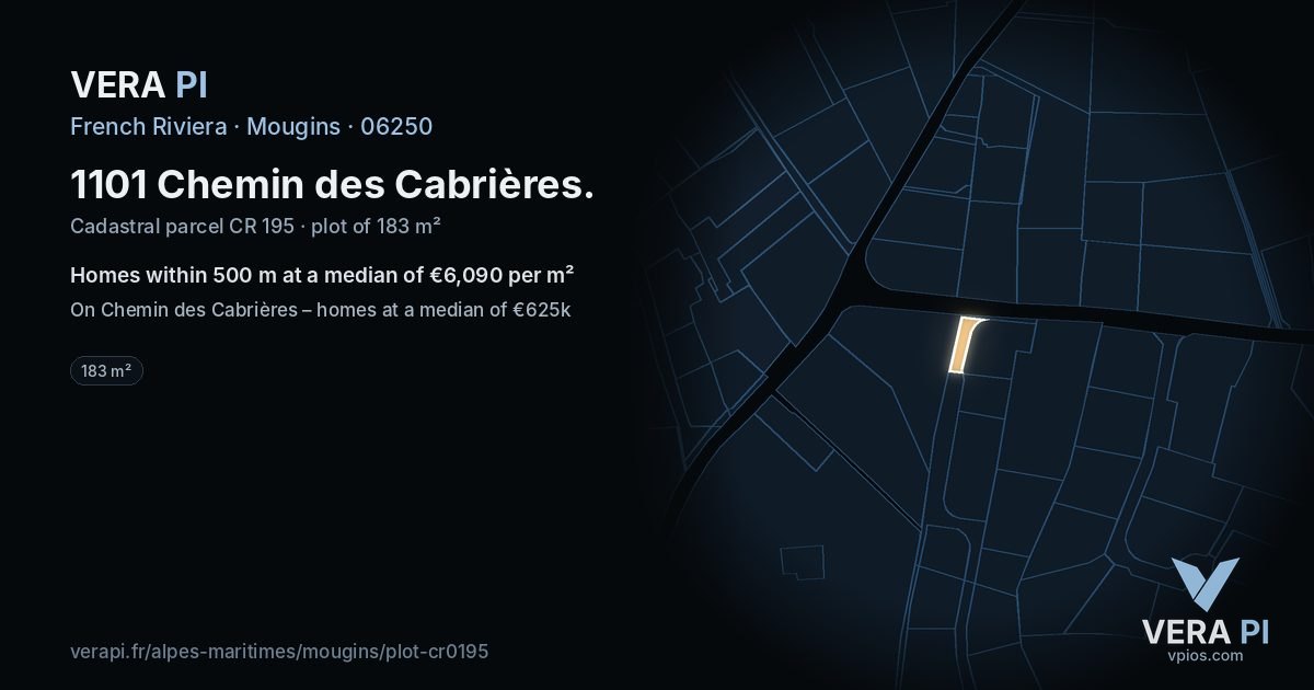 1101 Chemin des Cabrières, Mougins at night – the plot lit, the parcels around coloured by the prices near them
