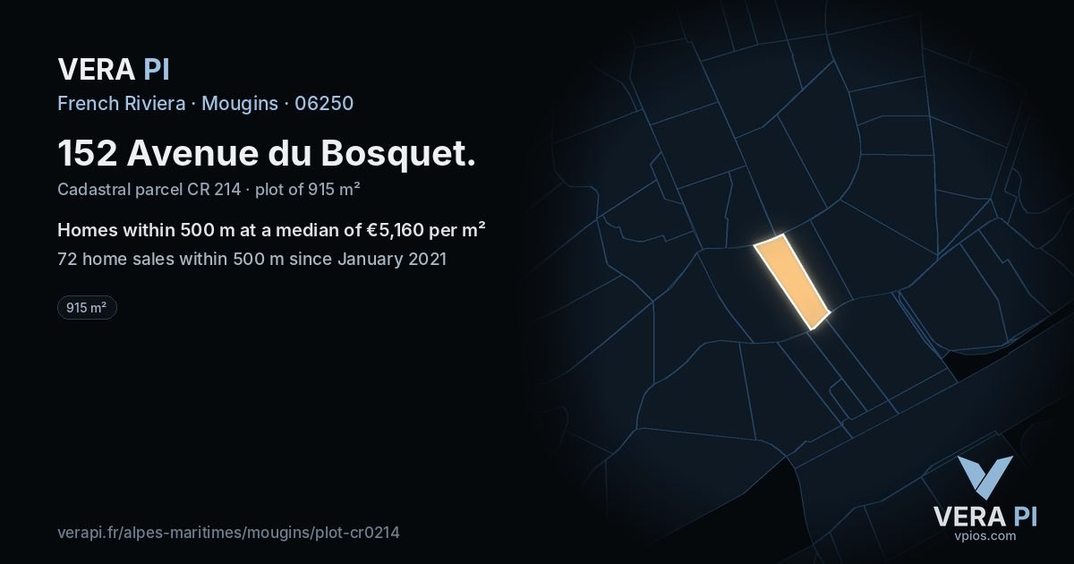 152 Avenue du Bosquet, Mougins at night – the plot lit, the parcels around coloured by the prices near them