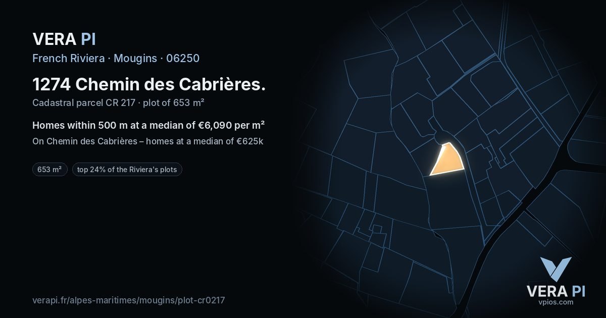1274 Chemin des Cabrières, Mougins at night – the plot lit, the parcels around coloured by the prices near them