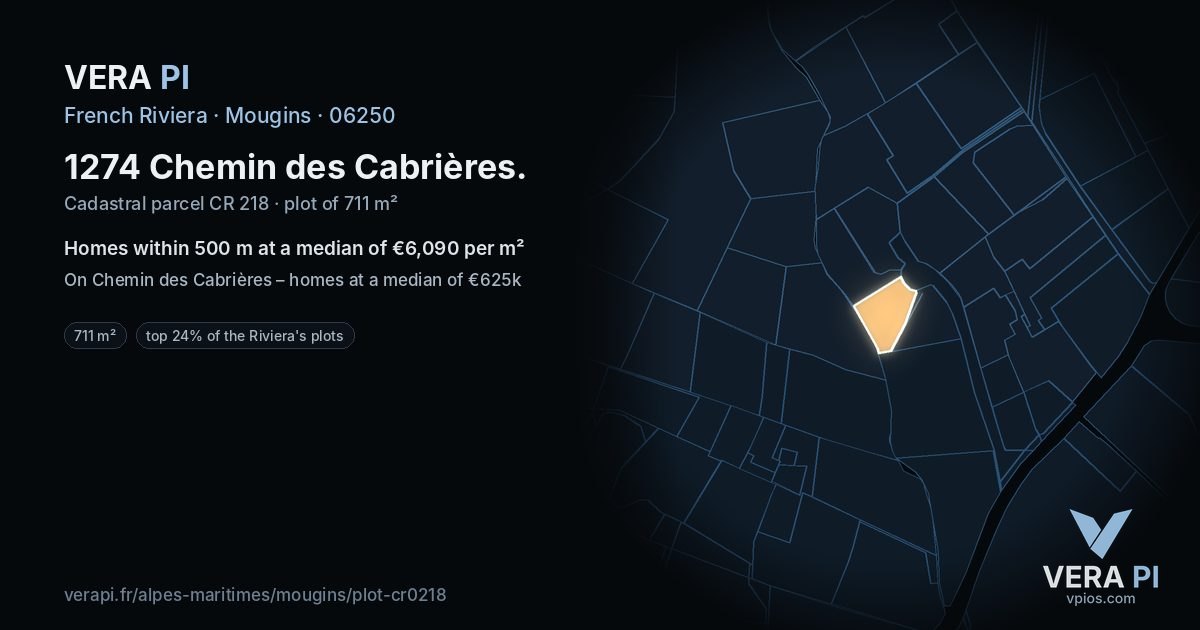 1274 Chemin des Cabrières, Mougins at night – the plot lit, the parcels around coloured by the prices near them