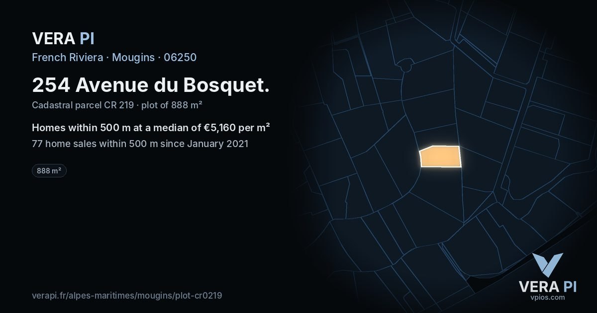 254 Avenue du Bosquet, Mougins at night – the plot lit, the parcels around coloured by the prices near them