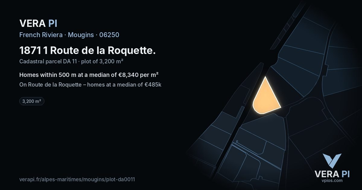 1871 1 Route de la Roquette, Mougins at night – the plot lit, the parcels around coloured by the prices near them