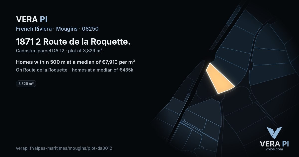 1871 2 Route de la Roquette, Mougins at night – the plot lit, the parcels around coloured by the prices near them