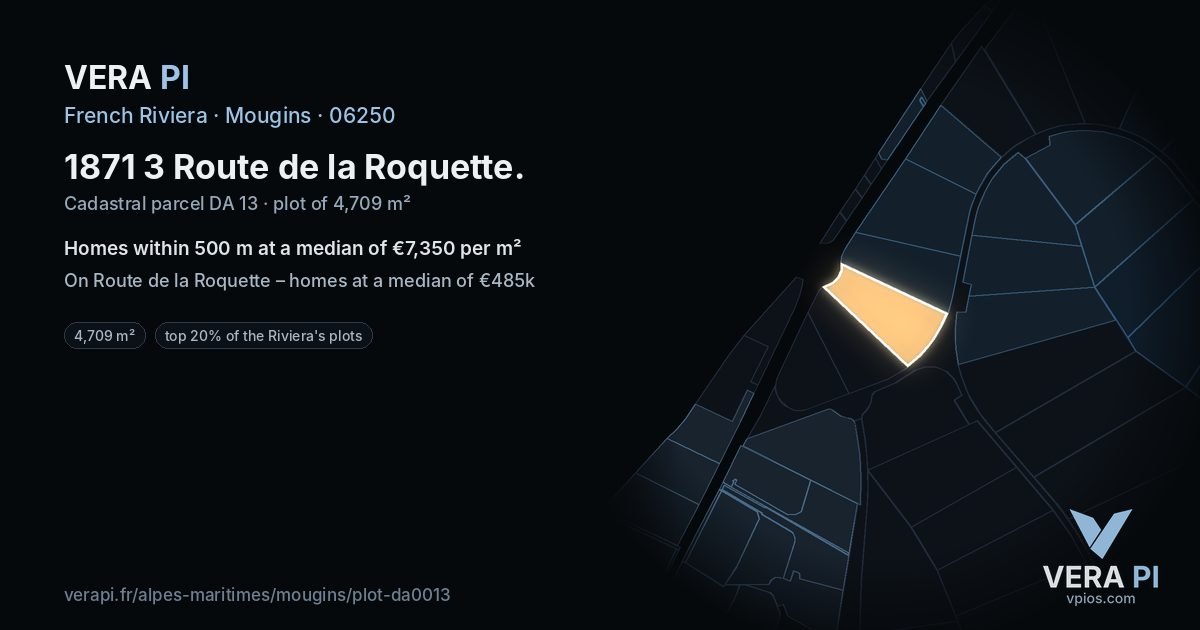 1871 3 Route de la Roquette, Mougins at night – the plot lit, the parcels around coloured by the prices near them