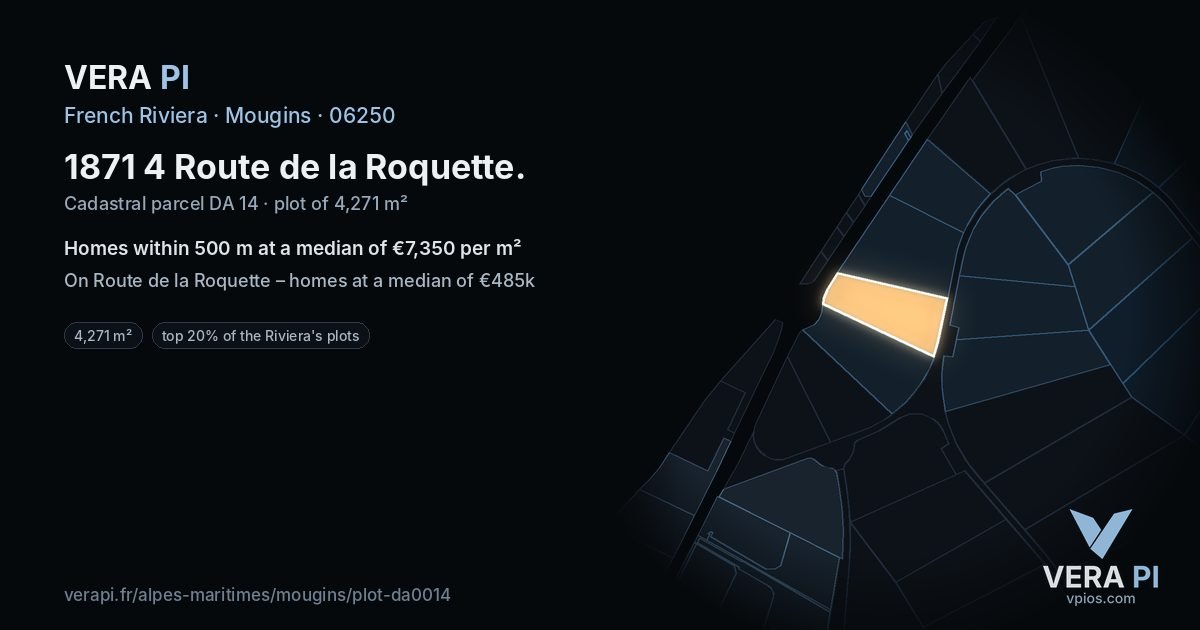 1871 4 Route de la Roquette, Mougins at night – the plot lit, the parcels around coloured by the prices near them