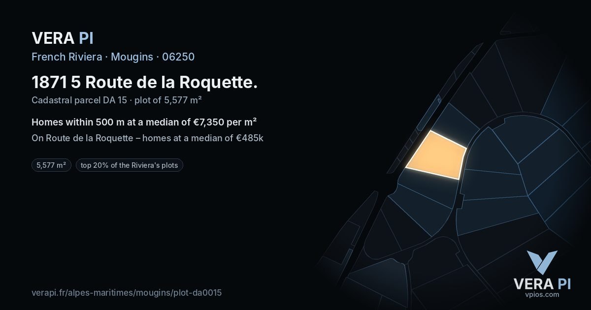 1871 5 Route de la Roquette, Mougins at night – the plot lit, the parcels around coloured by the prices near them