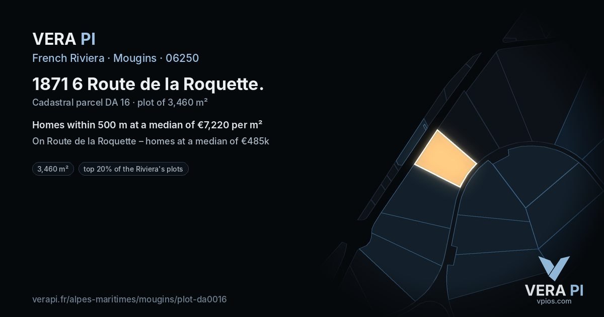 1871 6 Route de la Roquette, Mougins at night – the plot lit, the parcels around coloured by the prices near them