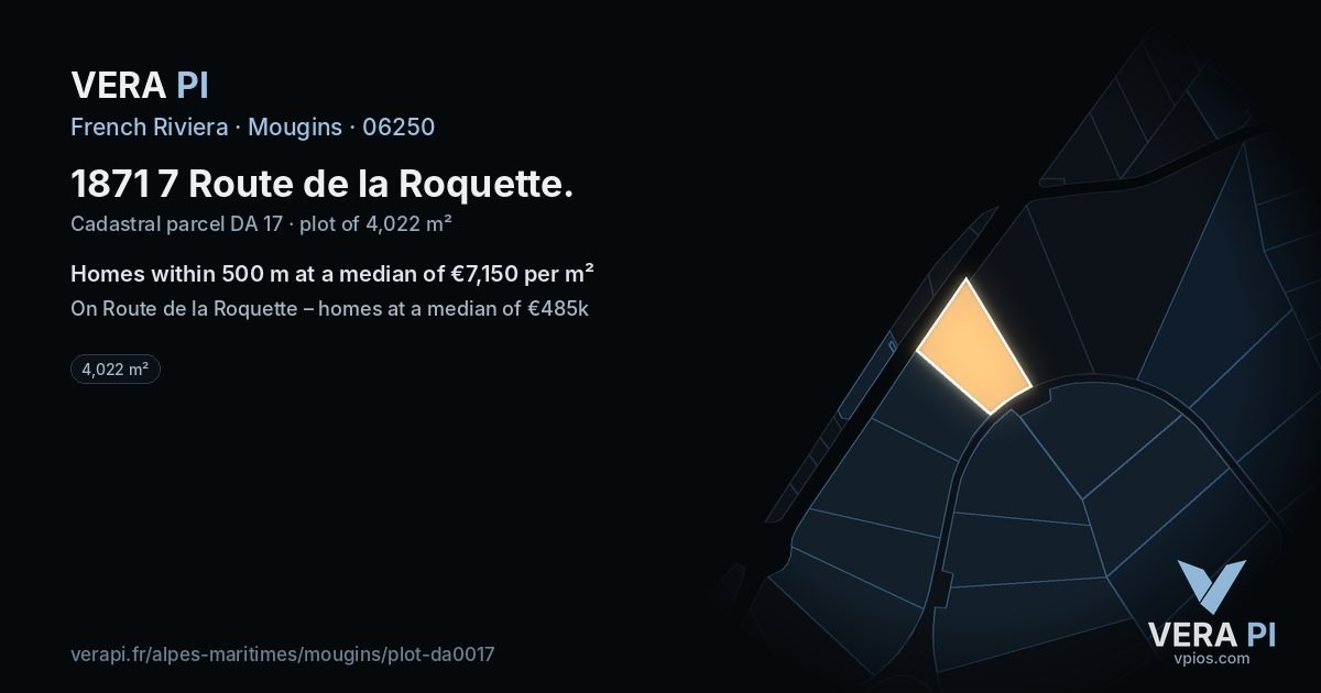 1871 7 Route de la Roquette, Mougins at night – the plot lit, the parcels around coloured by the prices near them
